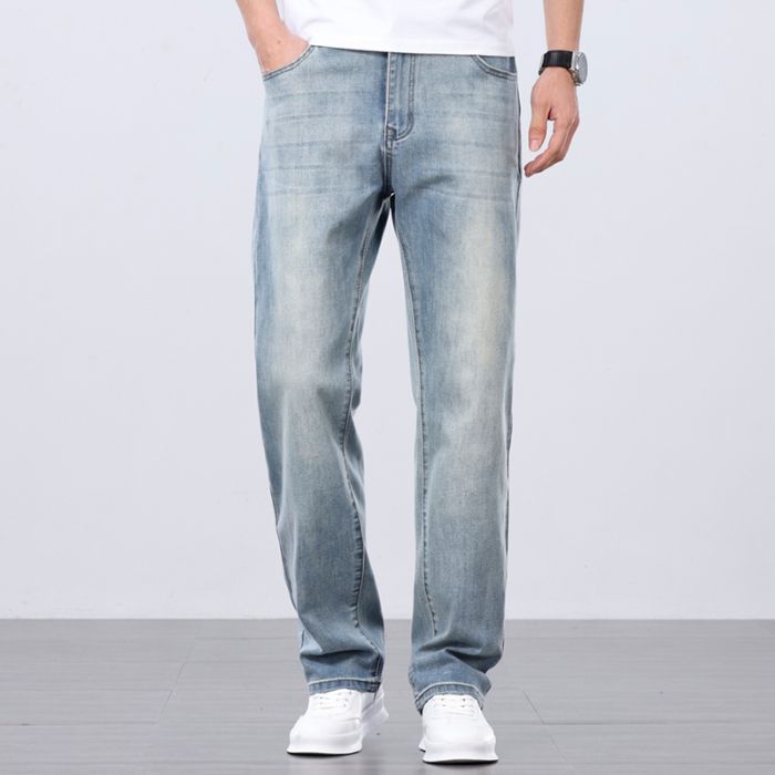 Jean Homme Coupe Droite Ample Taille Haute Coton Fin pour l'été