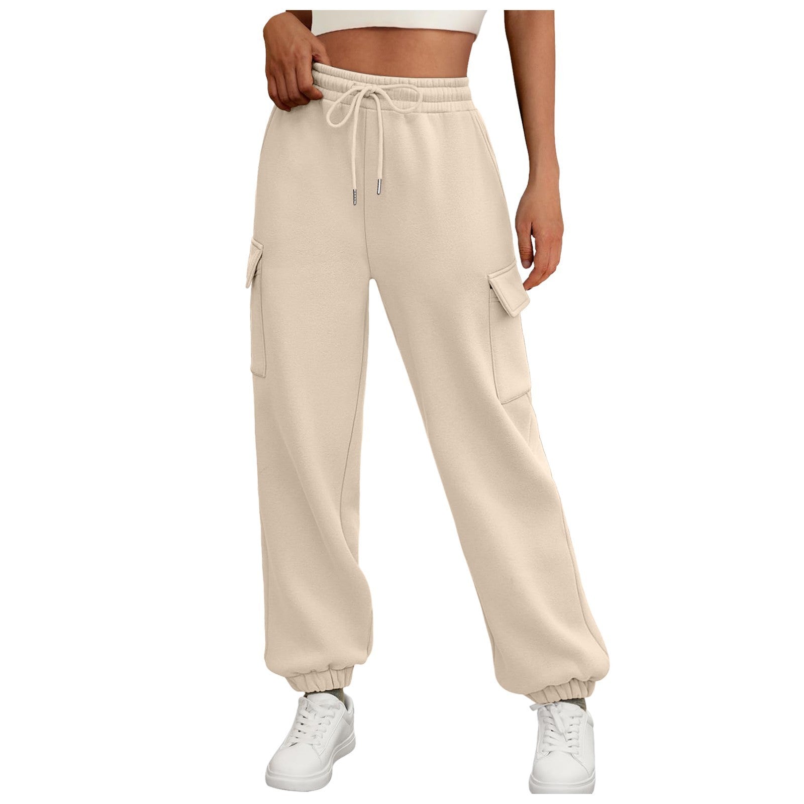 High Waist Casual Straight-Leg Pants with Side Pockets and Elastic Waistband