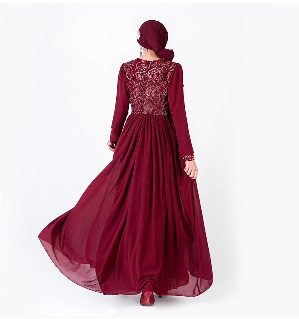 Robe musulmane brodée à manches longues en dentelle à sequins