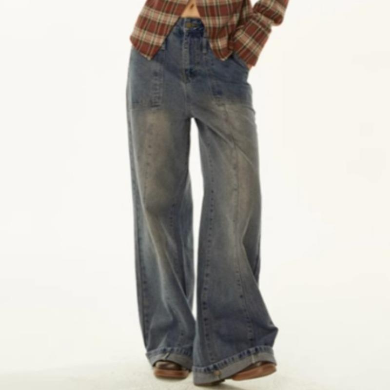 Vintage Thin Gradient High Waist Wide-Leg Straight Denim Jeans for Women