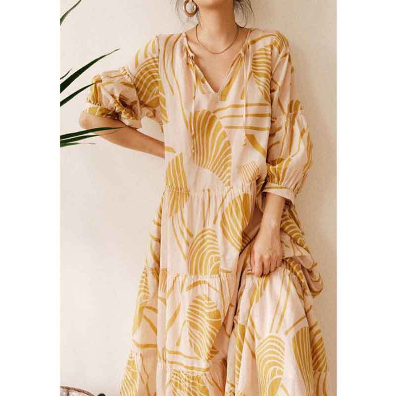 Retro loose print puff sleeve long dress