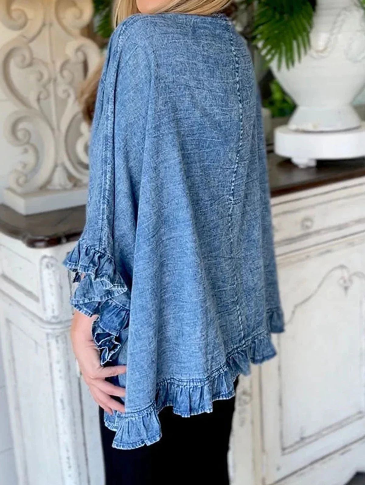 Blue Denim Ruffle Washed Small Coat with Batwing Sleeves