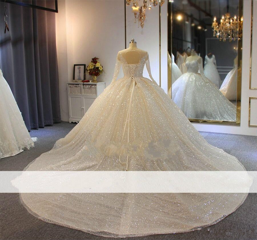 White Long Sleeve Round Neck High Waist Wedding Dress