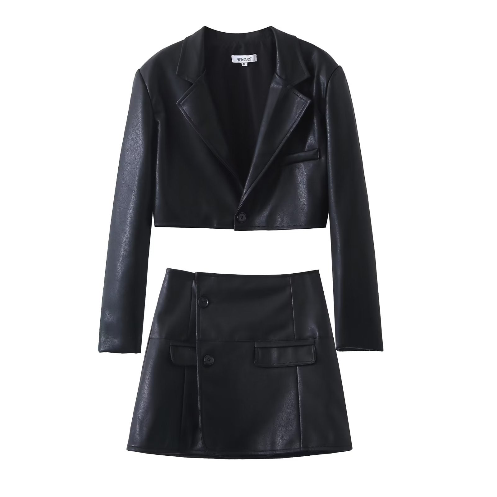 Hot Girl Black Polyester Leather Skirt Suit with Long Sleeve