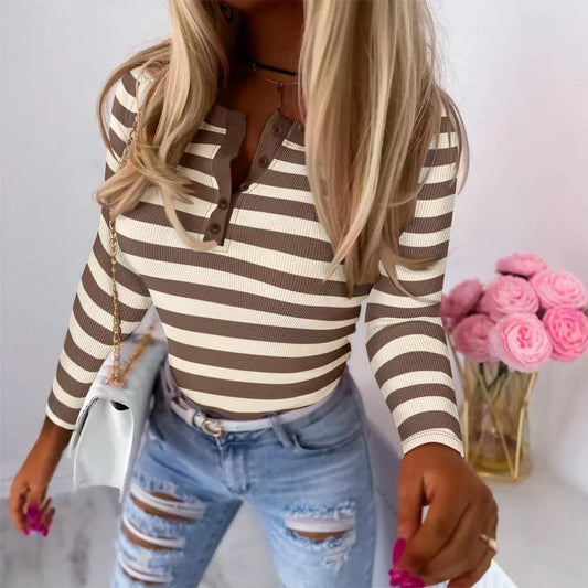 Women's New Sunken Stripe Contrast Color Long Sleeves Striped Top