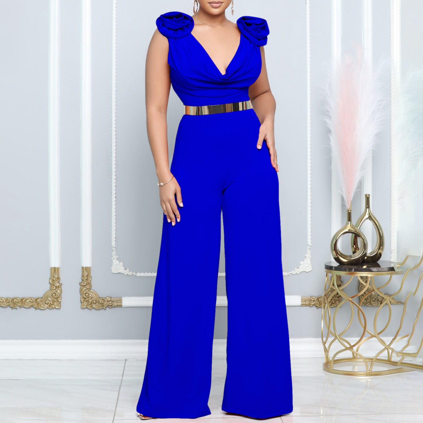 V-Neck Sleeveless Solid Color Turtleneck Jumpsuit with Belt