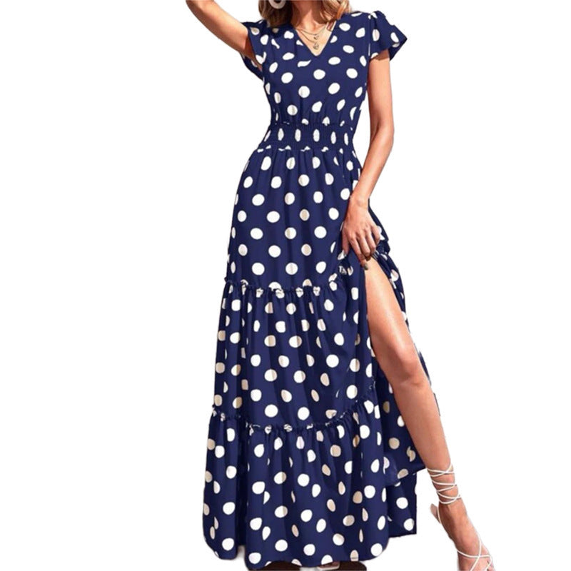 Polka Dot Split V-Neck High Waist Dress
