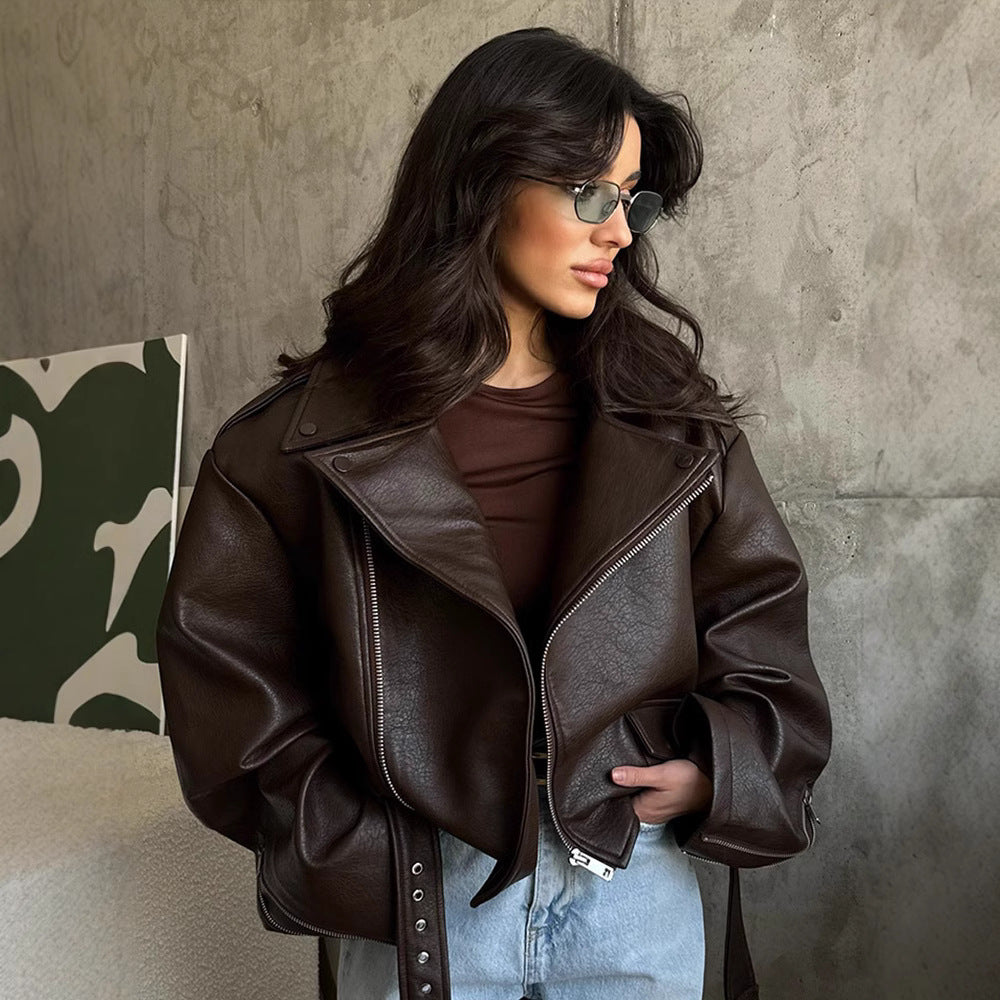 Women’s Brown Short Lace-Up Leather Coat, Sizes S-XL