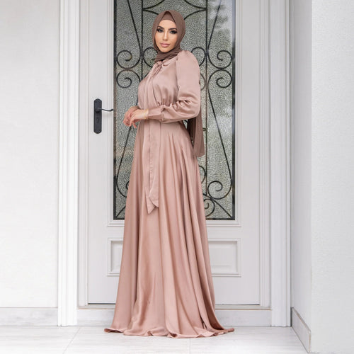Large Hem Satin Muslim Women’s Dress with Puff Sleeves