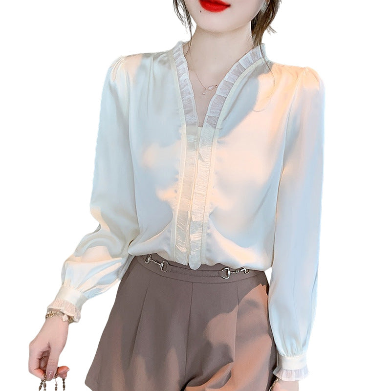 Sweet Wood Ear Apricot Chiffon V-Neck Shirt Women