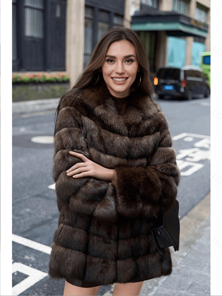 Dark Brown Casual Warm Loose Artificial Fur Coat