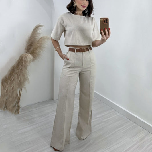 Fashion Cotton And Linen Short Top High Waist Wide Leg Pants Suit