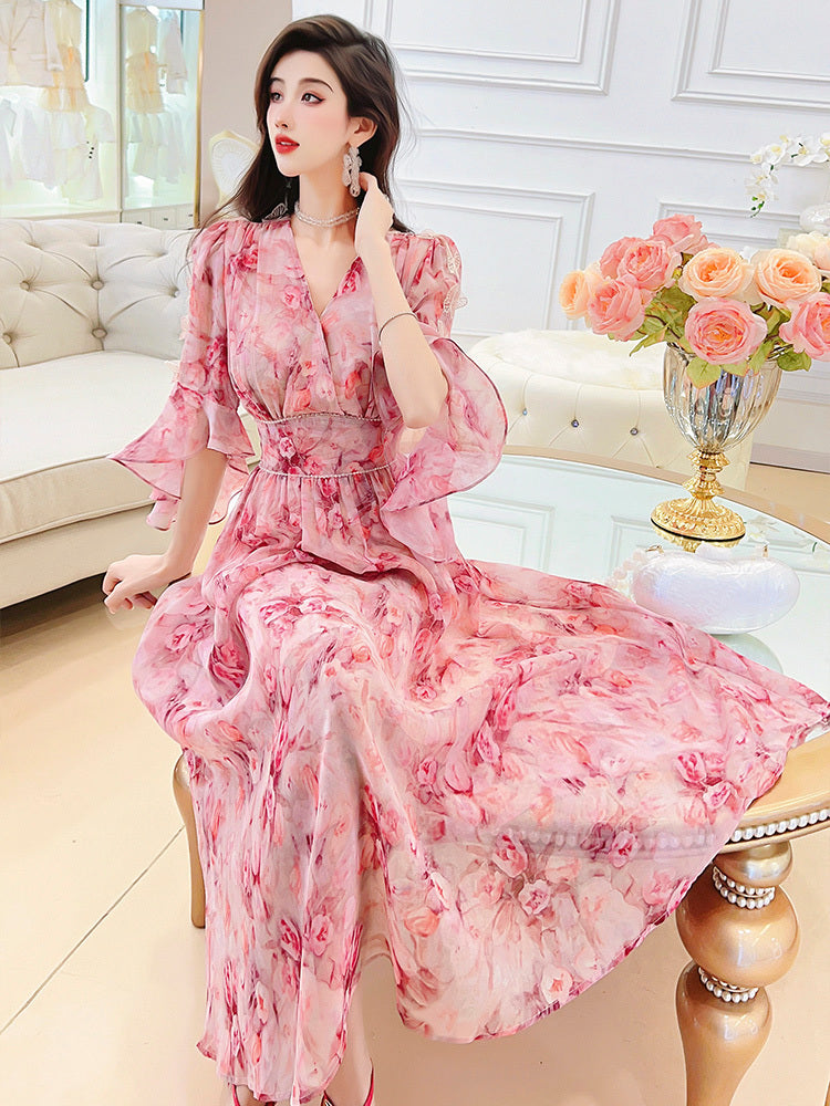 Women's Pink Floral High Waist Chiffon Dress