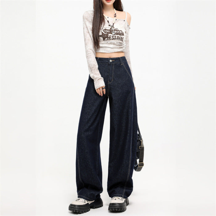 Spring Split Patchwork Retro Casual Wide Leg Denim Jeans
