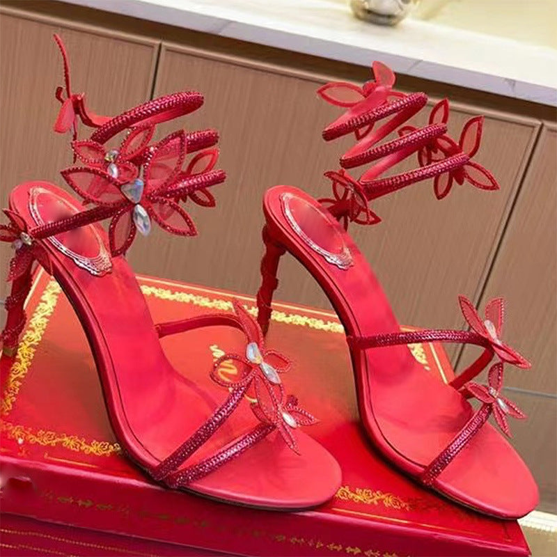 Snake Butterfly Rhinestone Flower Roman Stiletto Heels