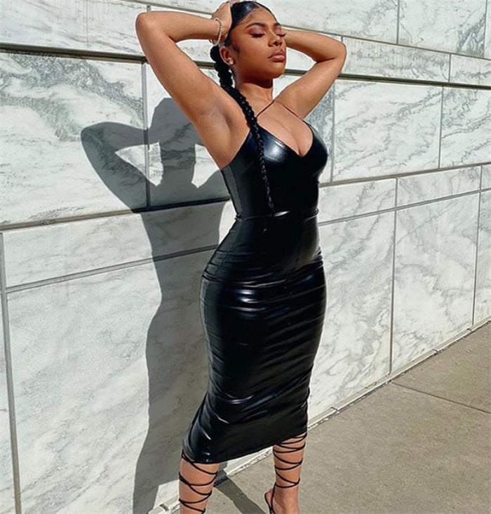 PU Leather V Neck Sling Dress with Slit Midi Skirt in Black & Brown S-XL