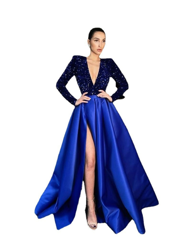 Robe de soirée longue à manches longues et col en V à paillettes pour femme, disponible en plusieurs couleurs