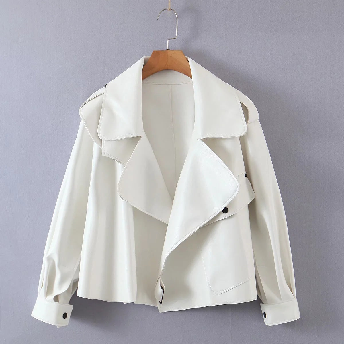 Lapel PU Leather Motorcycle Jacket for Women – Short, Stylish, Handsome