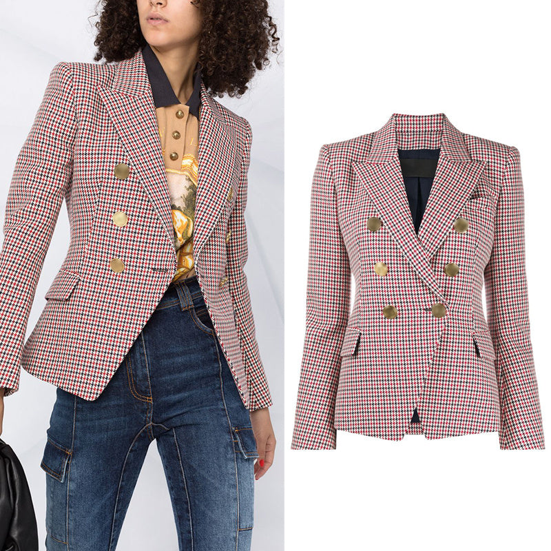 Women’s Red Houndstooth Double-Breasted Long-Sleeve Blazer Jacket