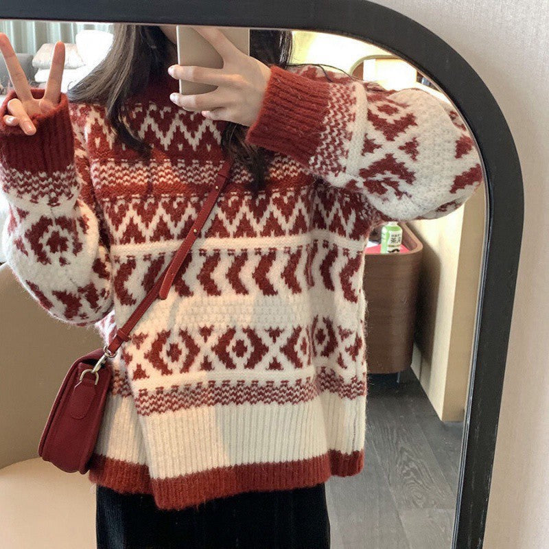 Loose Red Pullover New Year Sweater Top with Round Neck