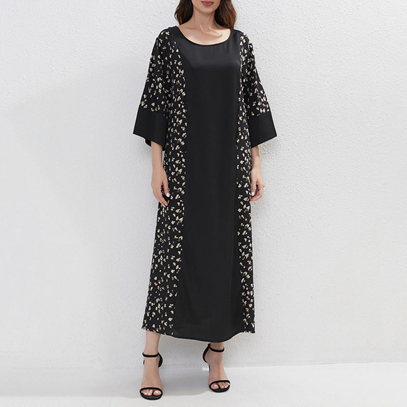 Robe Femme Grande Taille Noire Imprimée à Ceinture en Polyester
