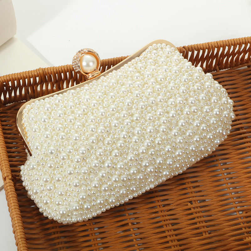 Sac de Soirée Coque Broderie Perle Femme 23x13x3CM Beige & Blanc