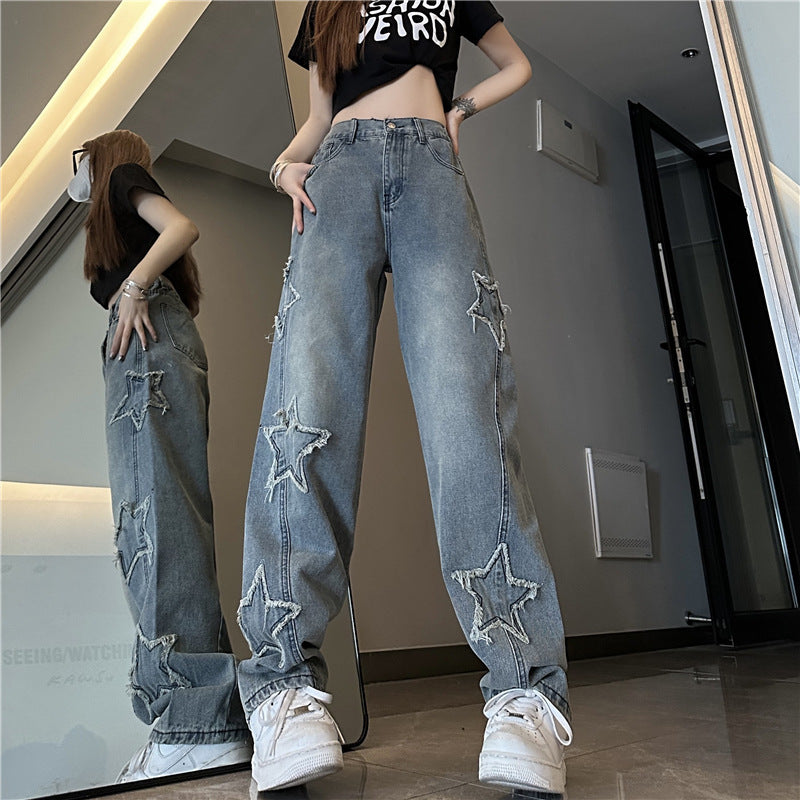 Blue Embroidered High-Waist Loose Straight-Leg Jeans for Women