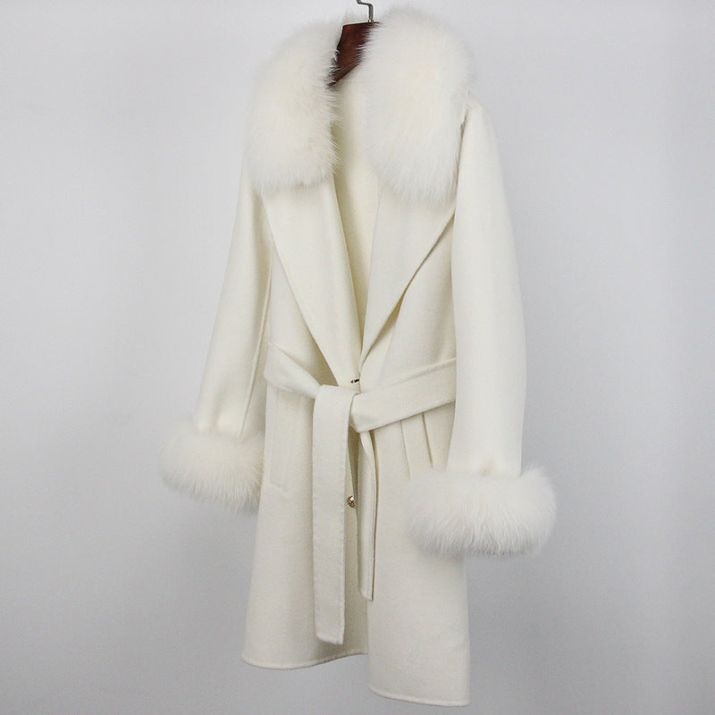 Double-Faced Wool Overcoat Long Slim Fit with Fox Fur Collar