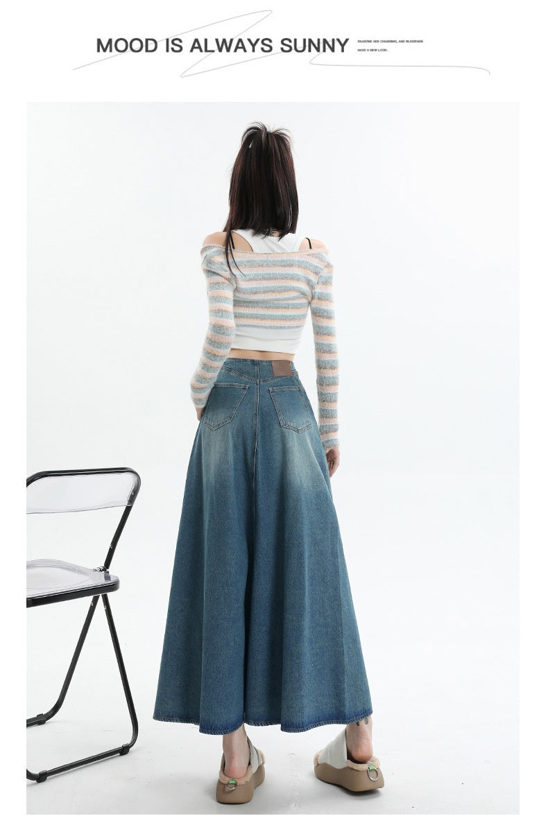 Jupe en jean trapèze mi-longue taille haute rétro style américain