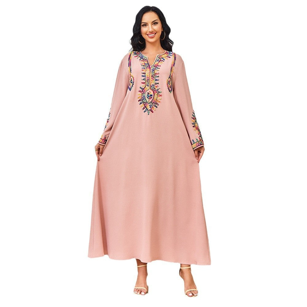 Pink Embroidered Middle Eastern Long Sleeve Dress for Women S-XXL Polyester