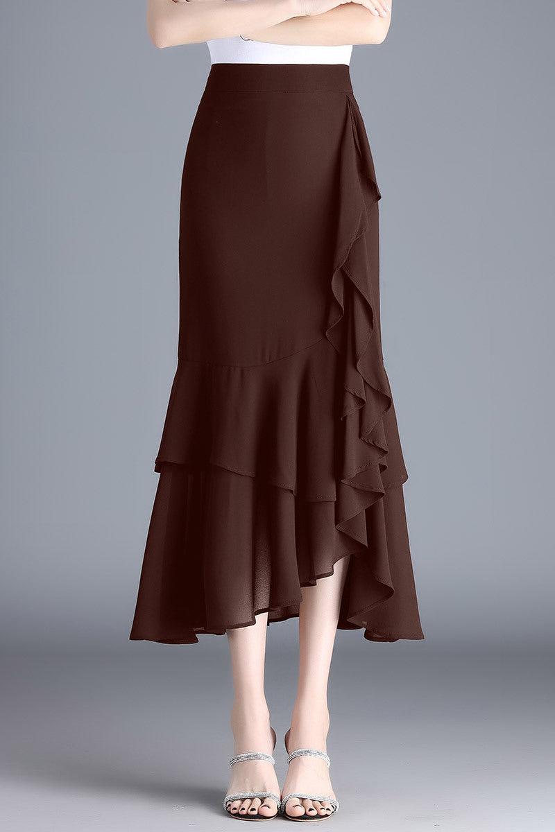Leopard Print Ruffled Chiffon High Waist Asymmetric Skirt