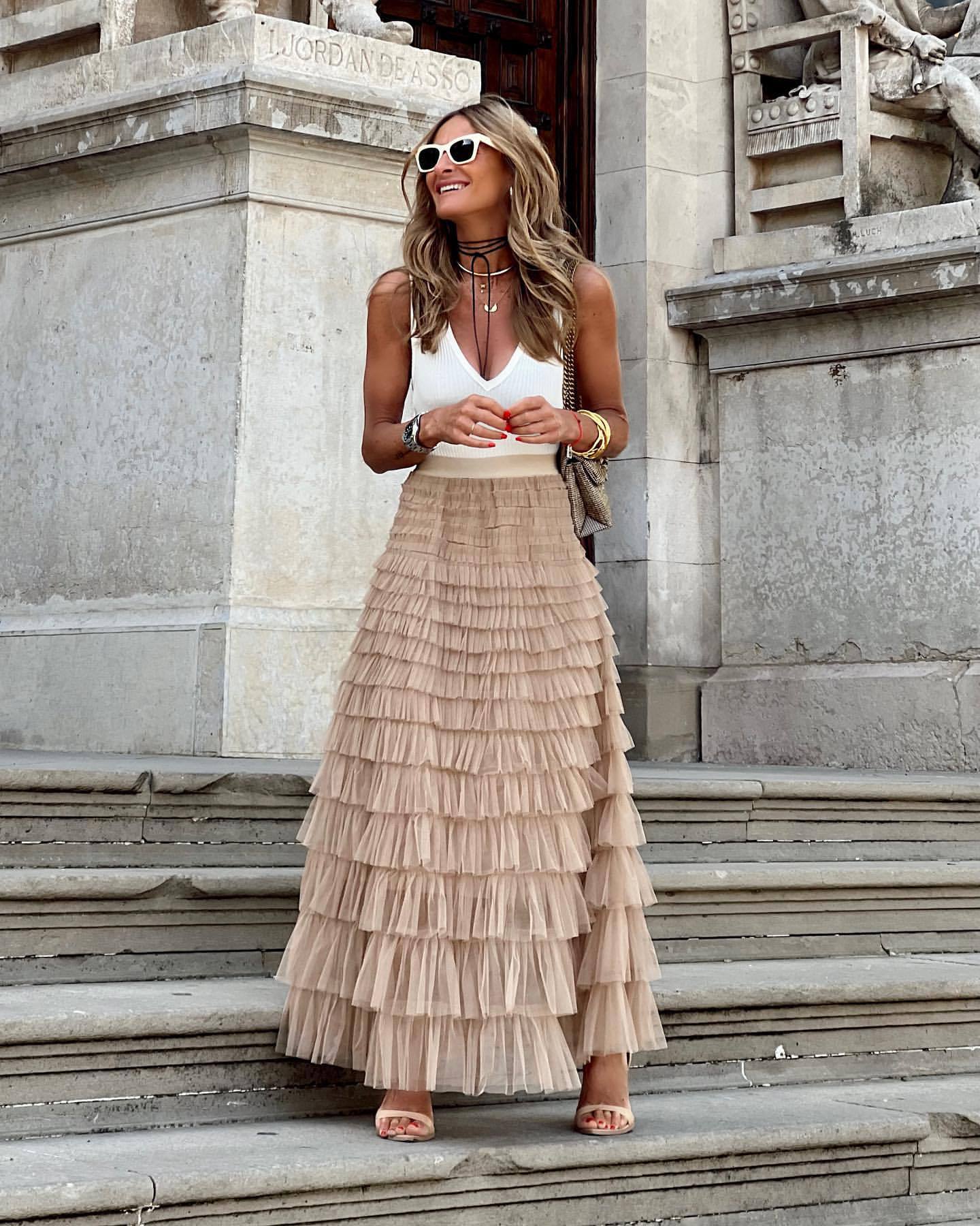 Layered Ruffles Mesh A-Line Swing Skirt Summer Party Dress for Women