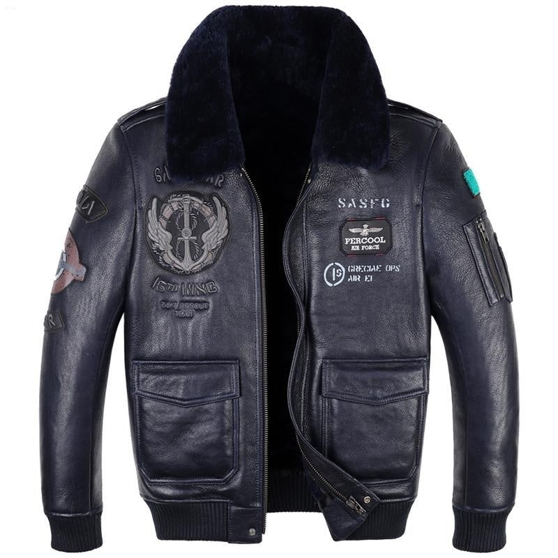 Men's Genuine Sheepskin Leather Flight Jacket - Loose Fit, Short Length