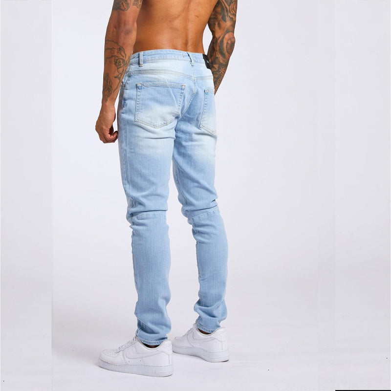 Jeans décontracté taille haute coupe slim pour homme bleu clair et noir