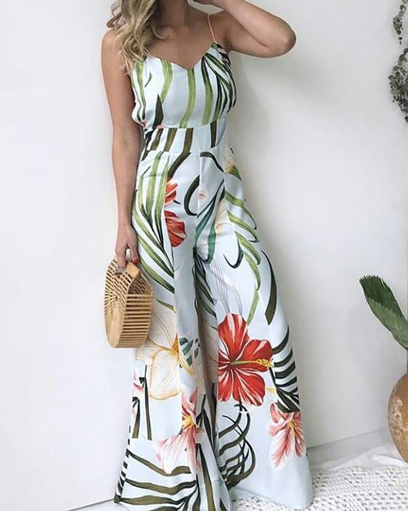 Wide-Leg Print Sling Bodysuit Polyester