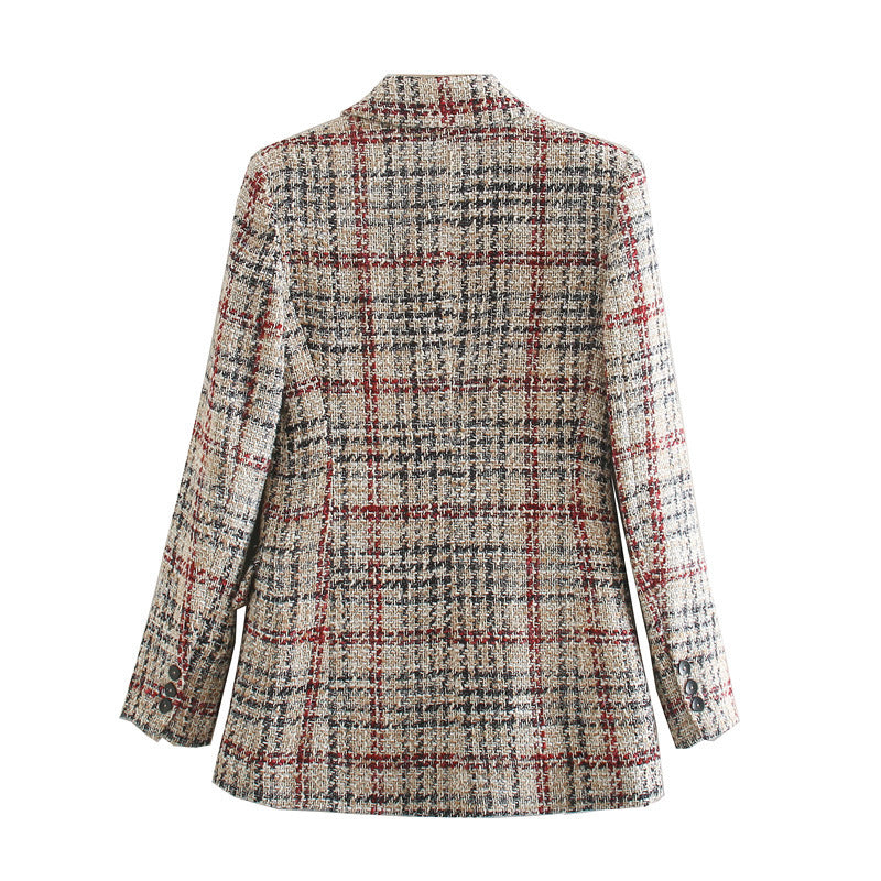 Plaid Texture Slim Woolen Blazer for Women