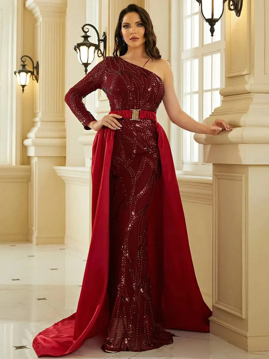 Women's Red Sequined Mid-Waist A-Line Banquet Dress