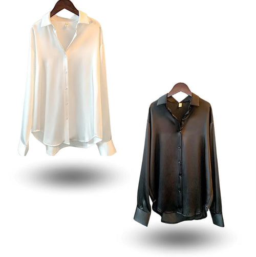 Women's Long-Sleeve Satin Shirt in Pearly White, Green, Apricot & Black