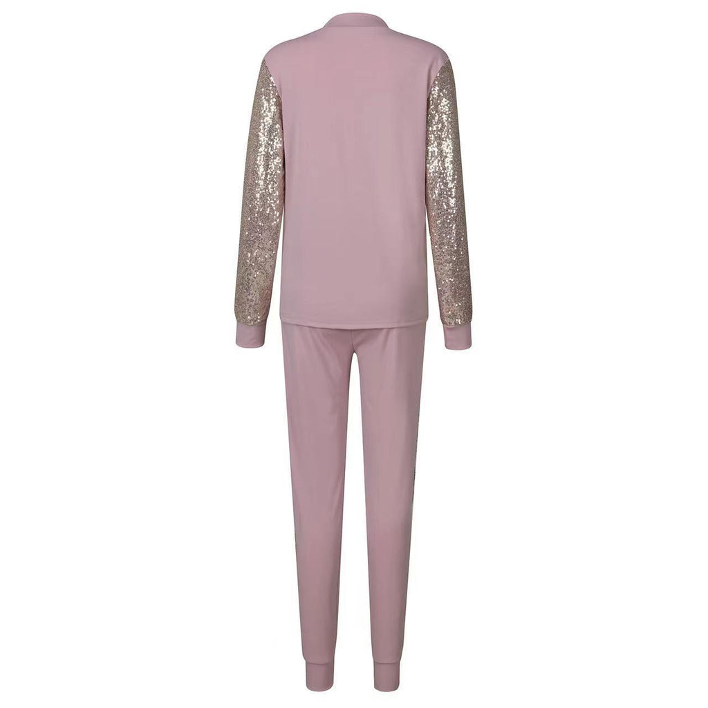 Ensemble décontracté en polyester rose cuir, top col roulé et pantalon à sequins Love pour femme