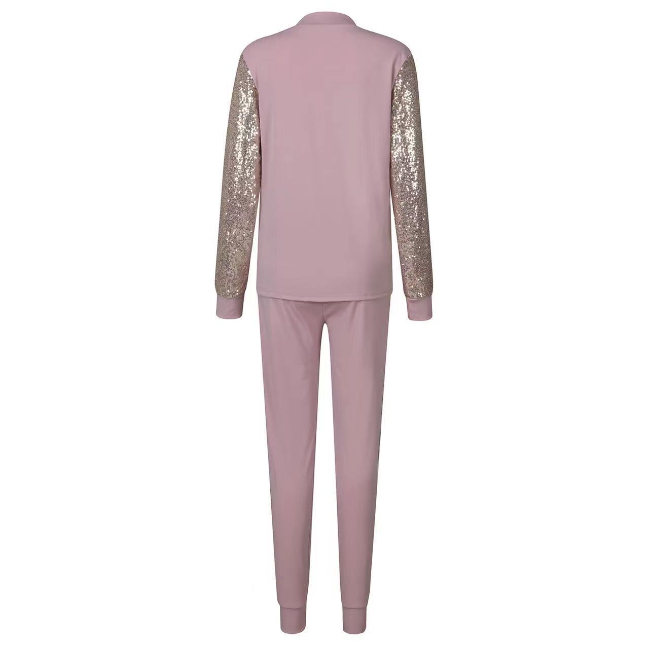 Ensemble décontracté en polyester rose cuir, top col roulé et pantalon à sequins Love pour femme