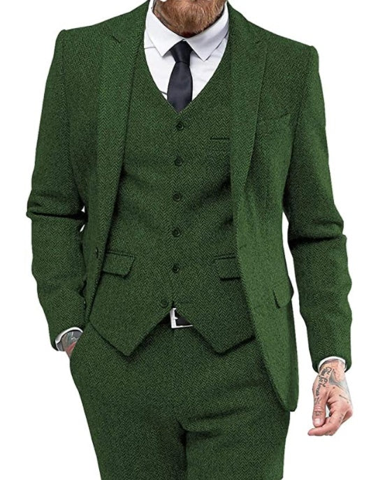Men's Three-Piece Suit with Viscose Blend & Flat Collar