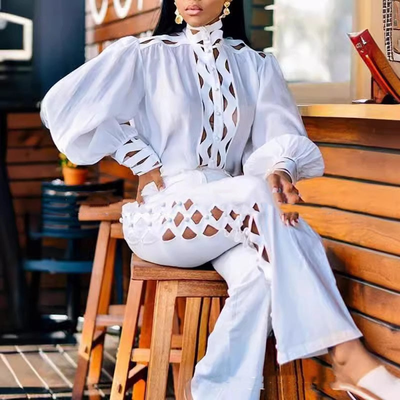 White Lace Long Sleeve Shirt and Pants Set