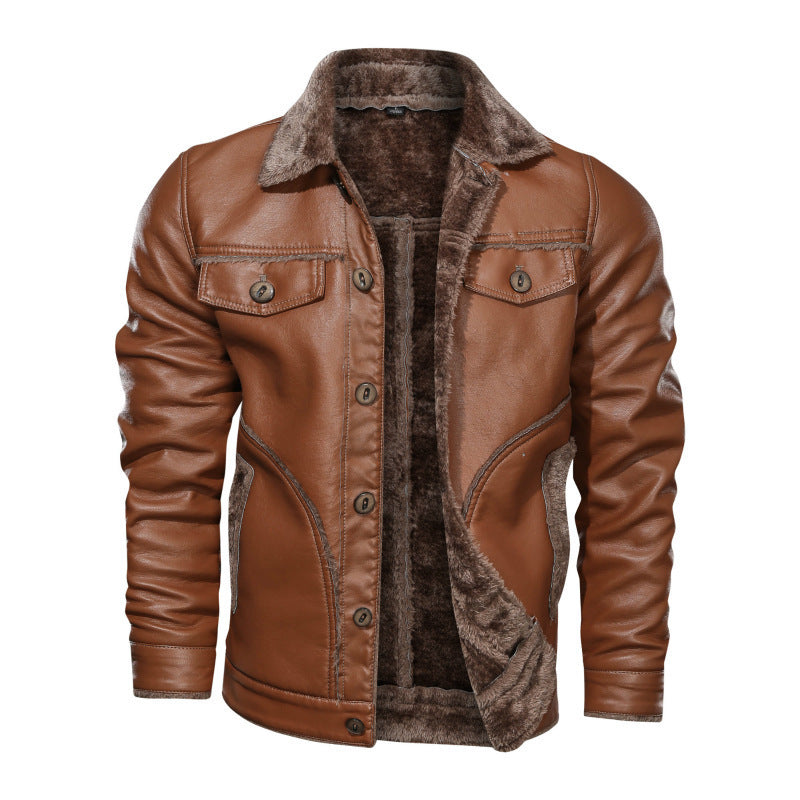 PU Leather Lapel Jacket with Zipper, Black & Brown, M-8XL