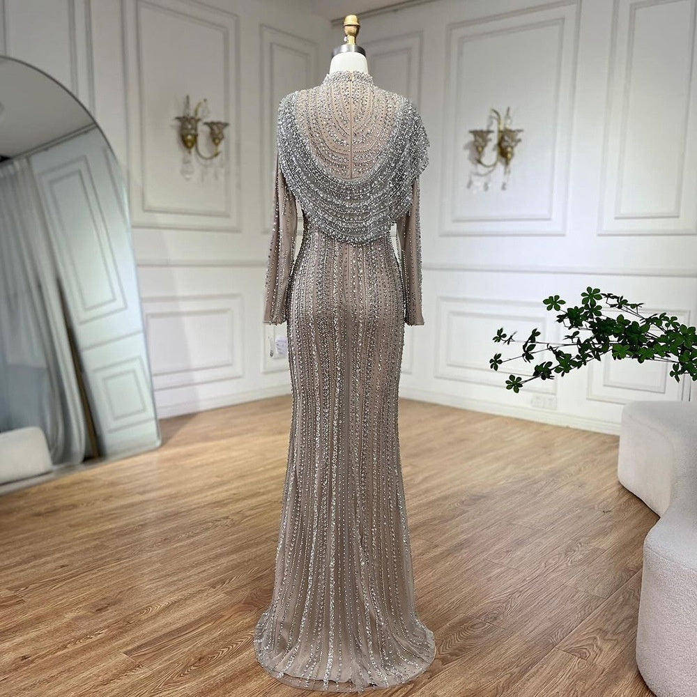 Premium Silver Nude Fishtail Slim Beaded Women’s Dress