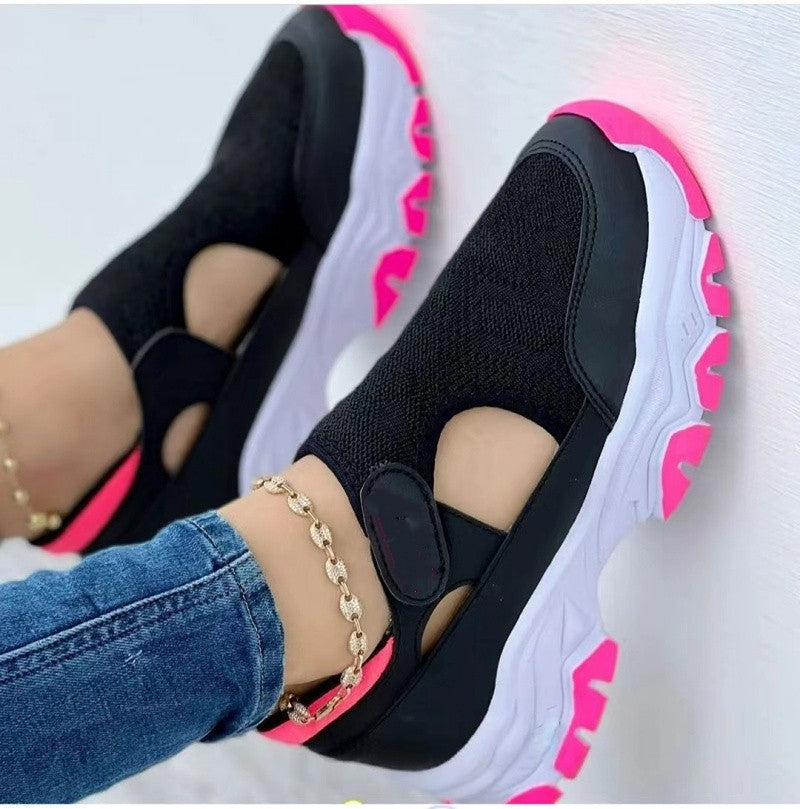 Chaussures décontractées à semelles épaisses et couleurs assorties pour femmes, talon moyen, semelle en caoutchouc