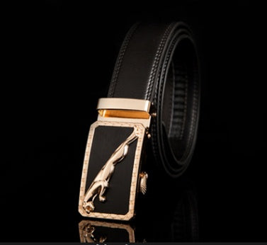 Men's Leather Automatic Buckle Belt 3.55CM Wide with Gold Buckle Head
