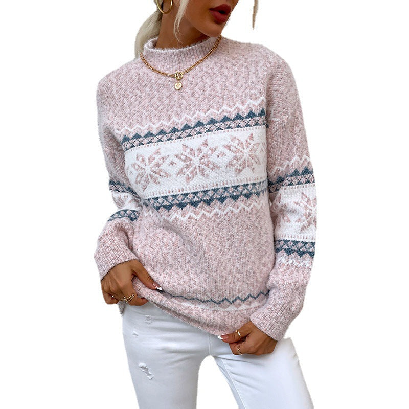 Winter Snowflake Half Turtleneck Sweater Women's Christmas Pullover