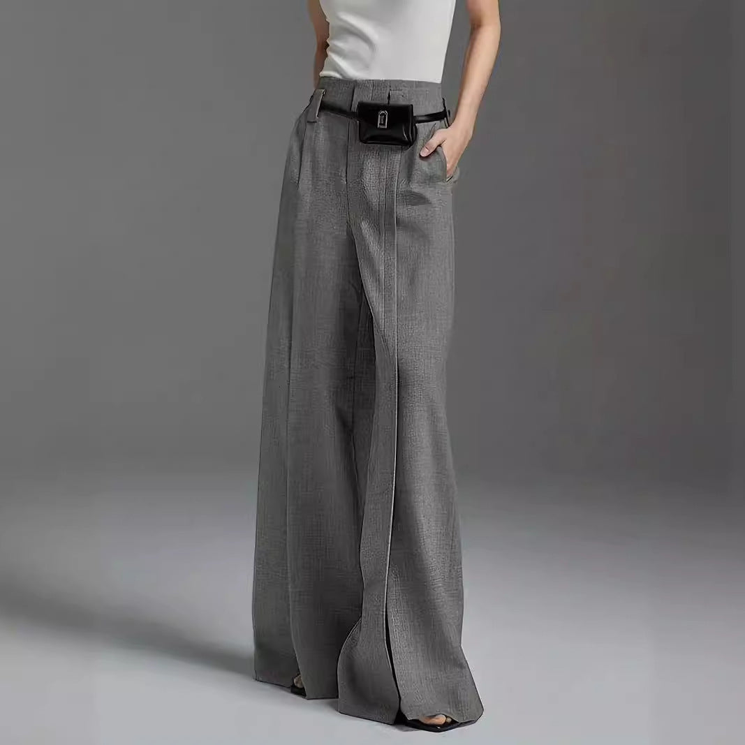 Silver Gray High Waist Wide-Leg Suit Pants for Women