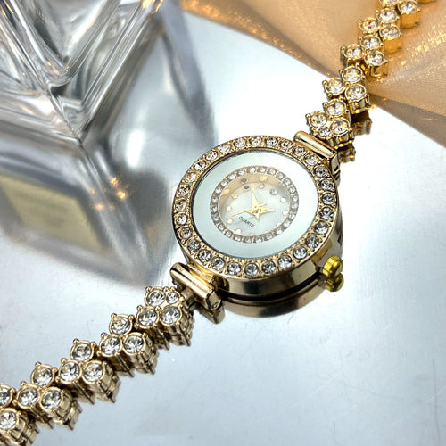 Diamond-Encrusted Glass Rhinestone Women's Quartz Watch in Gold, Rose Gold & Silver