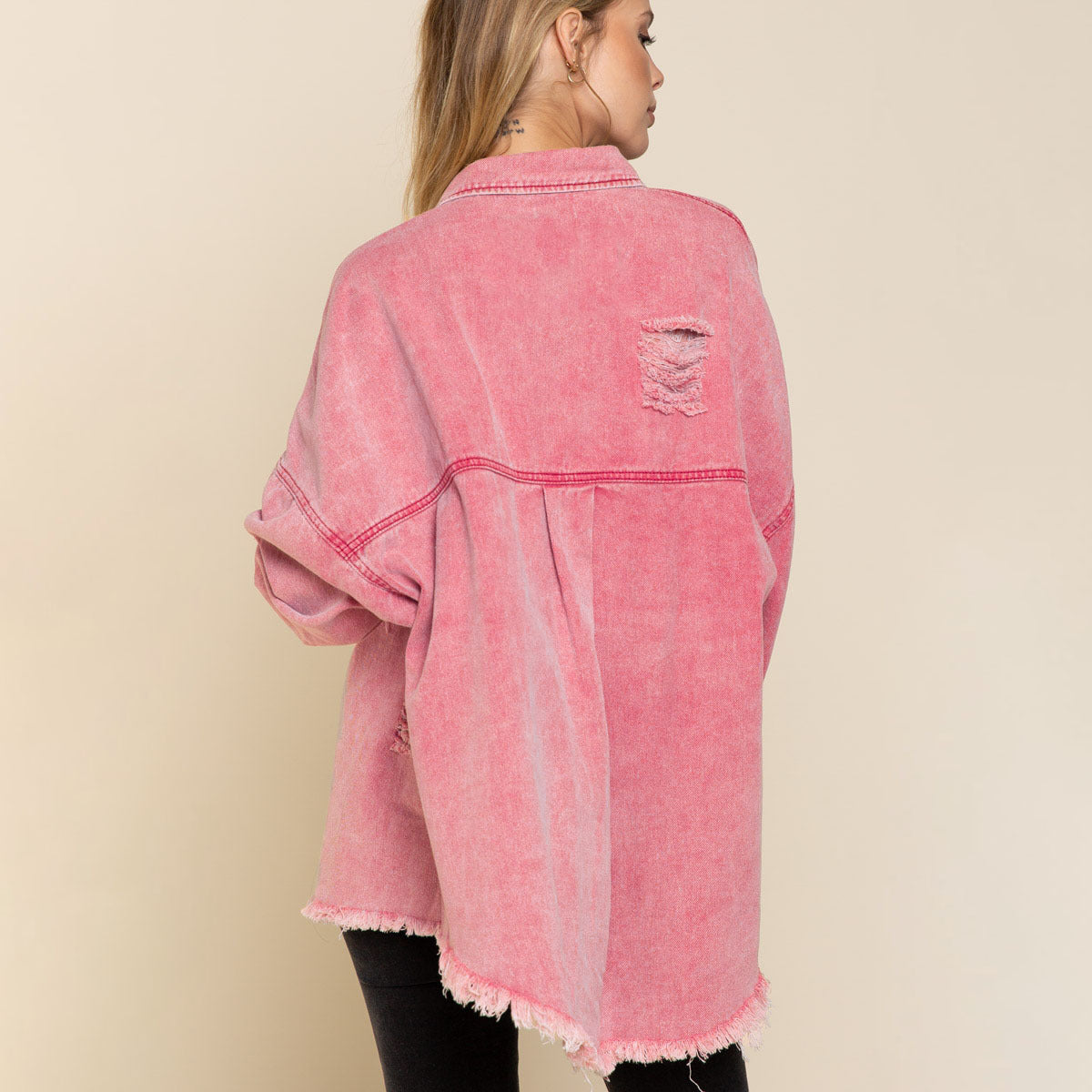 Veste en jean mi-longue déchirée à ourlet brut pour femme